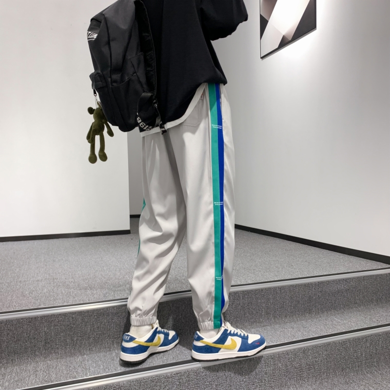 蓝缕金(LANLVJIN)男士休闲裤春秋季2021新品松紧系带束脚裤青少年拼色印花宽松运动裤韩版休闲学生男裤子