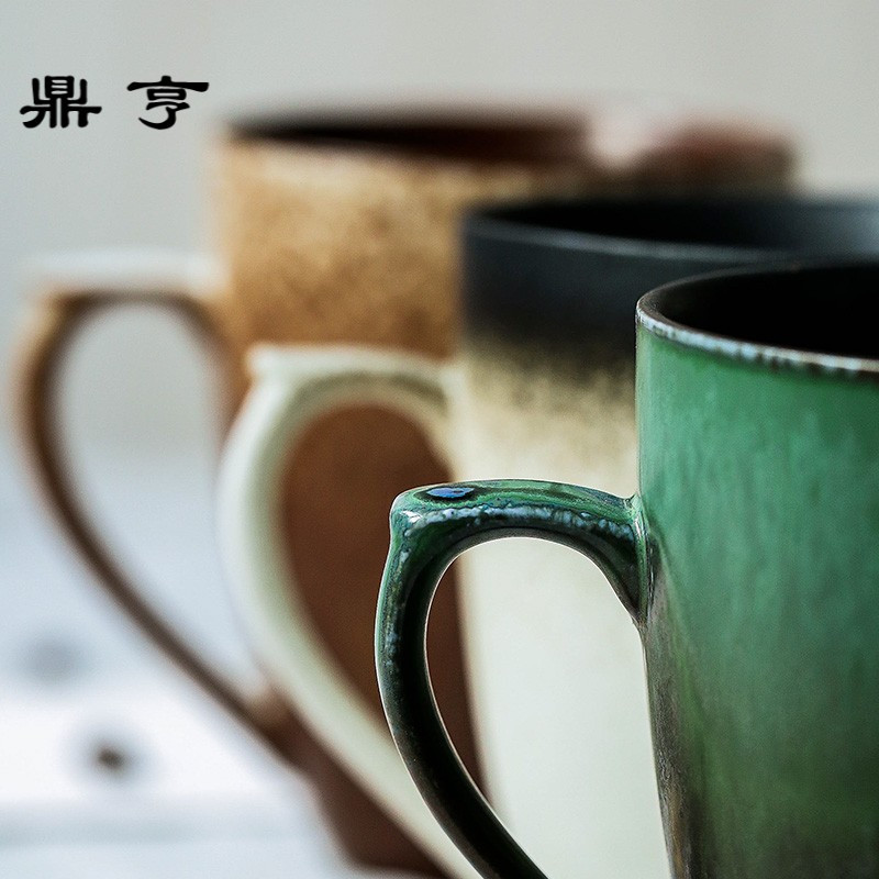 鼎亨景德镇复古杯子陶瓷手工马克杯带盖勺 日式咖啡杯刻字情侣杯