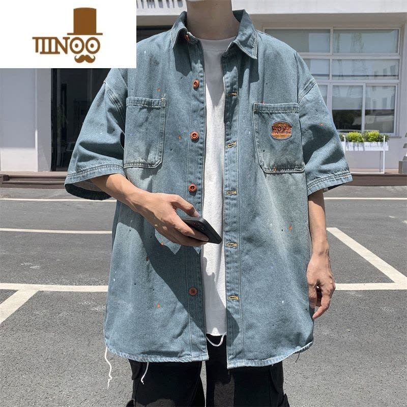 YANXU牛仔短袖衬衫男生夏季新款潮牌水洗做旧衬衣美式复古宽松休闲外套图片