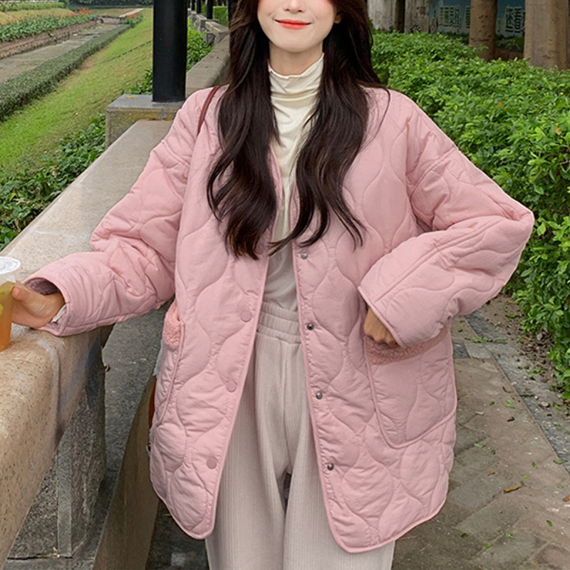 [1.5折价106元]唐狮冬季棉服女韩系无子口袋拼接菱形格棉衣ins潮