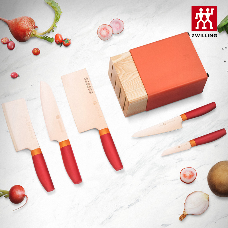 双立人(ZWILLING)Now玫瑰金系列刀具6件套中片刀多用刀菜刀全套刀具套装 石榴色