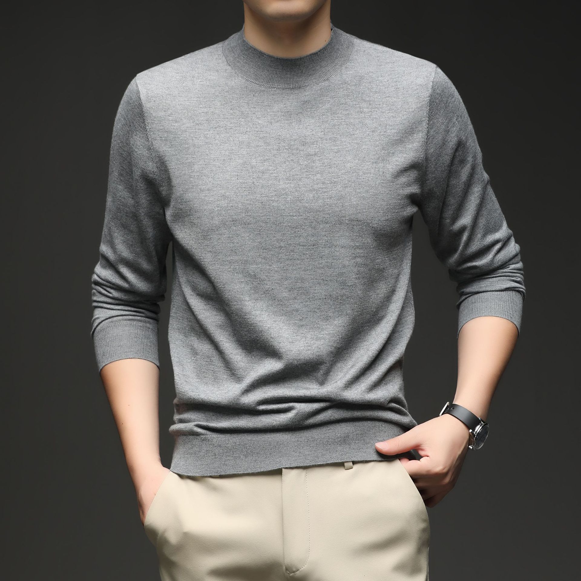 48支双股含羊毛蚕丝毛衣男2025秋季新款16针纯色长袖打底羊毛衫男 8802中灰-薄款 XXL