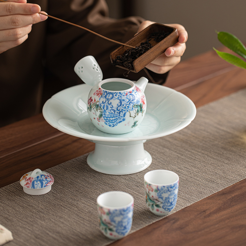 苏氏陶瓷(SUSHI CERAMICS)青瓷繁花似锦侧把壶果糖盘功夫茶具套装