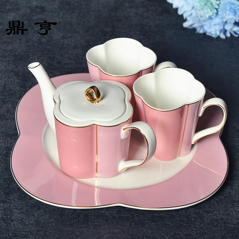 鼎亨花瓣水杯陶瓷套装陶瓷杯子带盖带勺骨瓷马克杯咖啡杯创意杯子