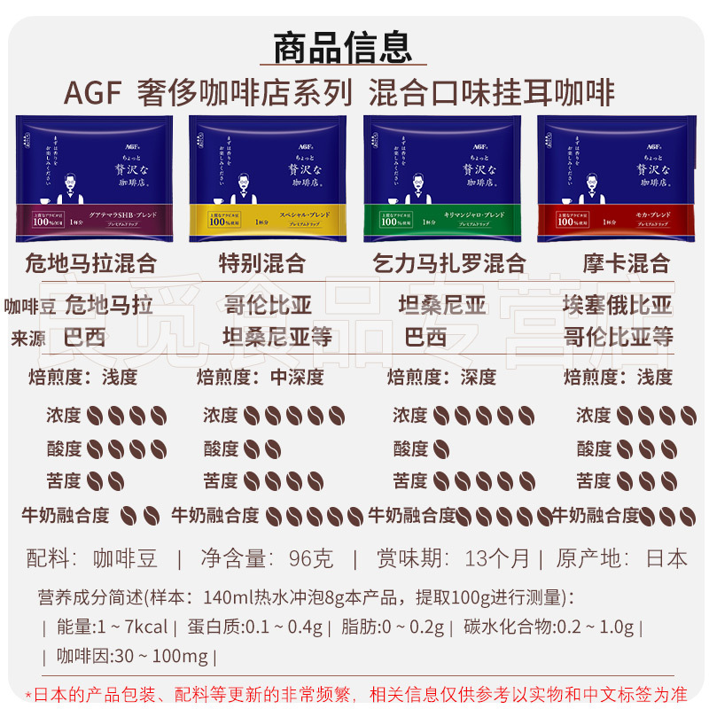 (8月底)日本进口 AGF 奢侈咖啡店 混合四种口味挂耳黑咖啡12片 无蔗糖浓郁进口速溶型咖啡