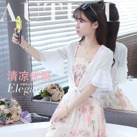 蝴蝶结露背连衣裙女夏季2021新款法式方领泡泡袖气质温柔风长裙子 白色 白色披肩 S [80-100斤]