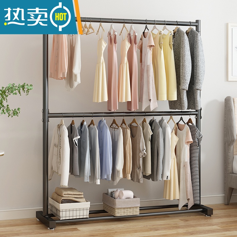 敬平双层晾衣架落地卧室内家用挂衣架不占空间晒衣架收纳简易衣帽架子 [双层款]加粗加高100cm-酷黑 大高清大图