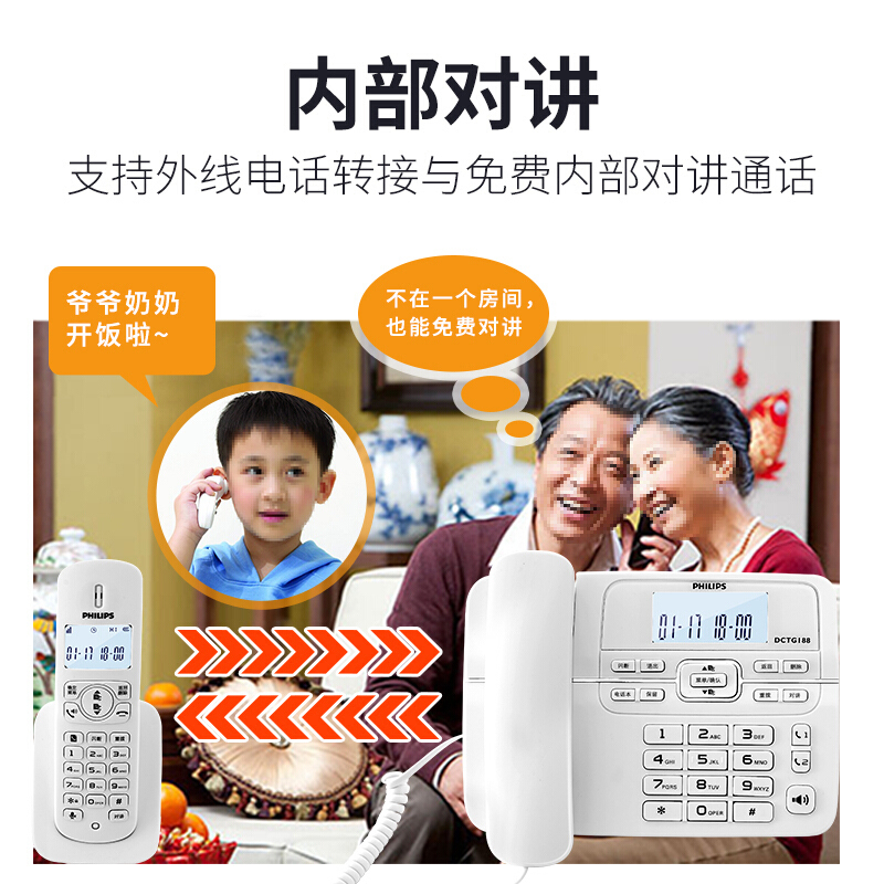 飞利浦(PHILIPS)DCTG188数字无绳电话机办公家用座机电话子母机免提通话/一键拨号/一拖三(白色)TSD