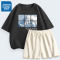 真维斯运动套装女夏季时尚洋气纯棉短袖新款华夫格休闲短裤两件套