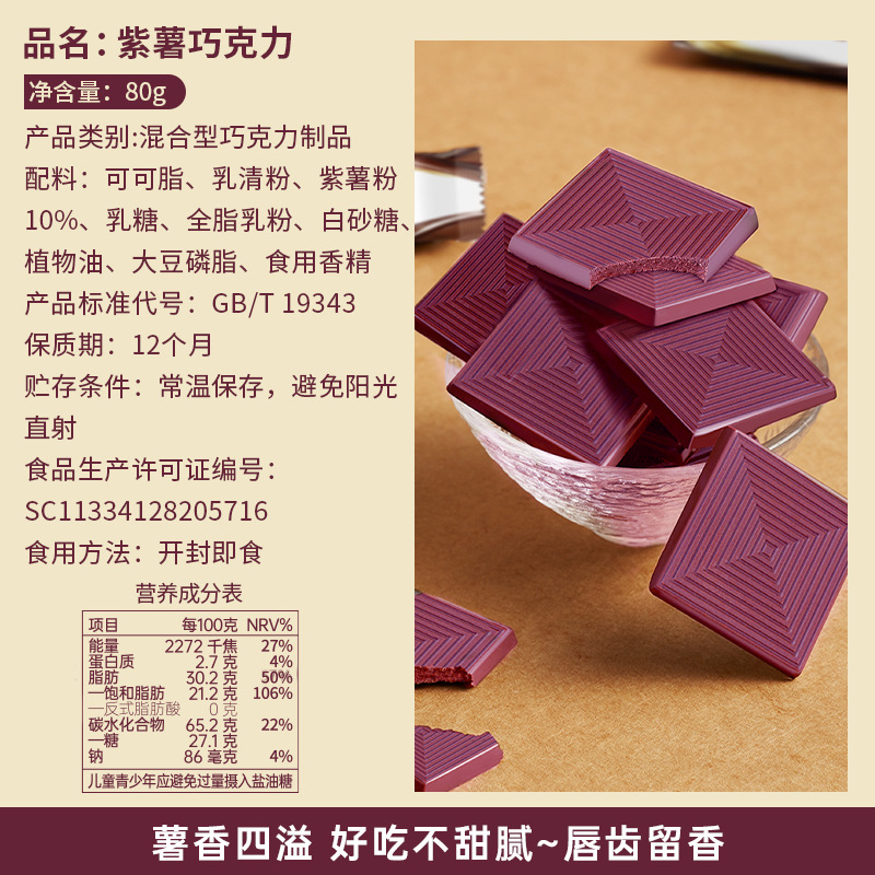 紫薯巧克力80g/盒 每日黑巧克力减低0o无糖精可可脂卡健身小零食品80g/盒舒缓情绪补充能量高清大图