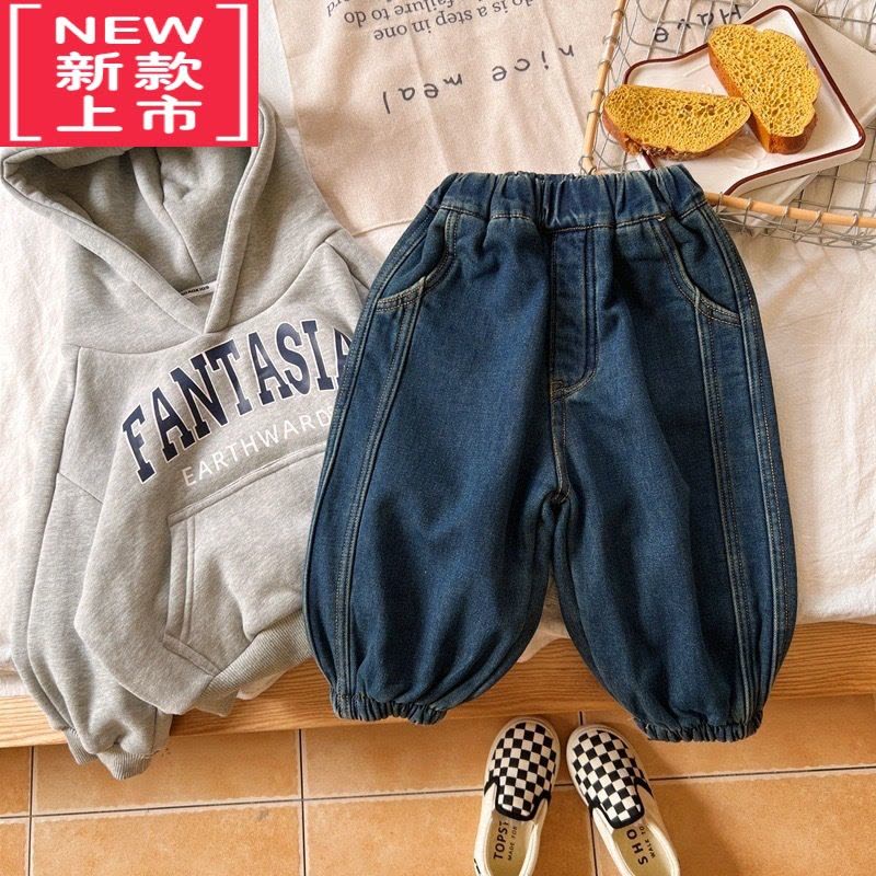 可莉允冬日百搭~韩版儿童加绒保暖纯色牛仔裤子男女宝宝束脚休闲灯笼裤保暖裤图片