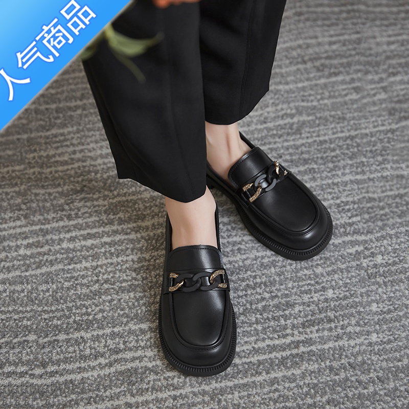 SUNTEK厚底乐福鞋女2023春秋季新款复古百搭一脚蹬休闲小皮鞋英伦风单鞋高清大图