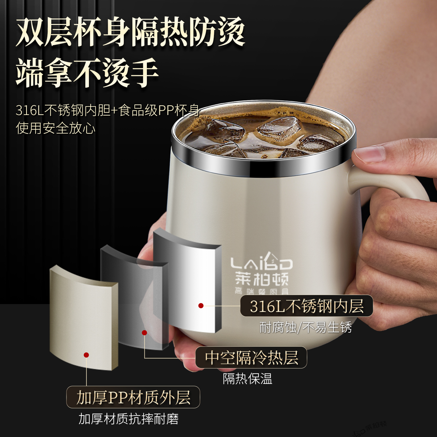 莱柏顿316L不锈钢马克杯带盖杯子水杯女咖啡杯男办公室泡茶杯家用喝水杯高清大图