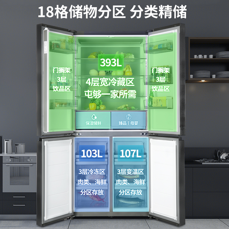 上菱 603升十字对开门冰箱 风冷无霜 一级能效 双变频节能净味抗菌大容量四开门家用电冰箱 BQE603PWL丝蕴灰