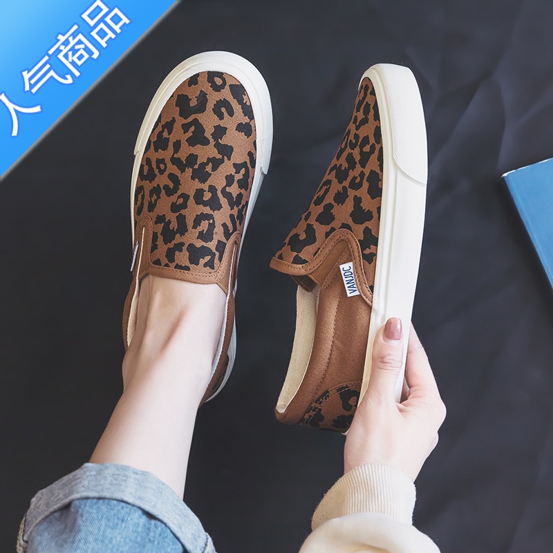 SUNTEK百搭豹纹一脚蹬懒人鞋女套脚帆布鞋2023春夏新款平底韩版女布鞋子 豹纹黑 39偏大建议拍小一码