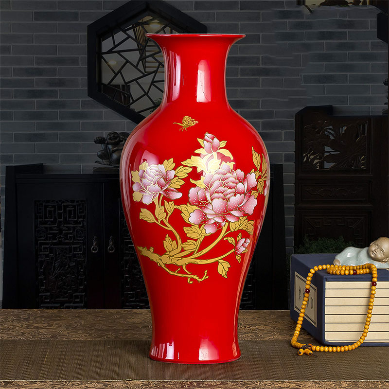 瓷物语cwy陶瓷花瓶鲜花干花摆件插花花瓶现代时尚家居装饰品餐桌摆设(红色年年有余冬瓜+送底座)