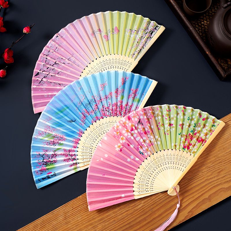 扇子古风折扇中国风汉服女旗袍舞蹈跳舞儿童学生夏日随身折叠竹扇-渐变樱雨（粉绿）高清大图
