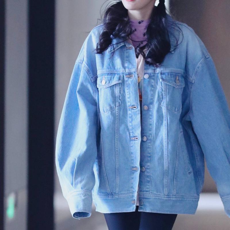 密室大逃脱杨幂同款衣服女浅蓝色宽松牛仔外套中长款时尚韩版显瘦
