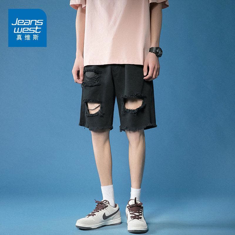 真维斯嘻哈网红破洞牛仔短裤男夏季薄款高街潮流五分裤宽松中裤子图片