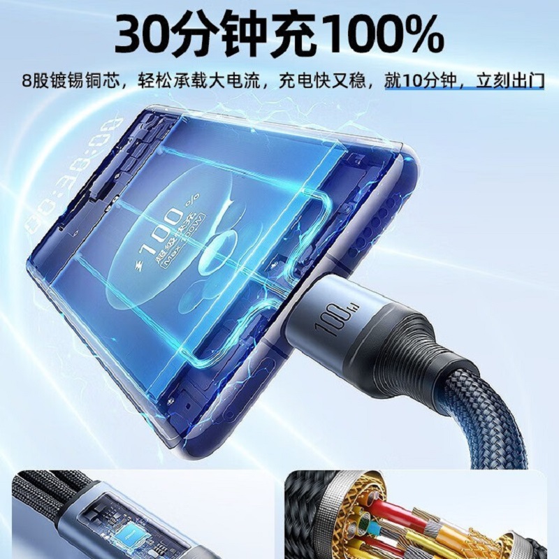 机乐堂(JOYROOM) S-A21 迅驰系列一拖三快充线USB-A to L+C+M100W 黑色高清大图