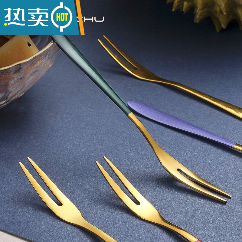 敬平水果叉套装不锈钢水果叉子ins北欧创意水果签果插可爱欧式小奢华 金色水.果叉-[5-支.]高清大图