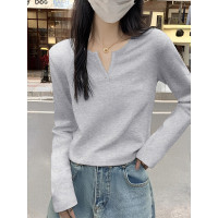 [2.5折价45元]唐狮春女V领净色适身长袖T恤显瘦百搭上衣气质韩系简约