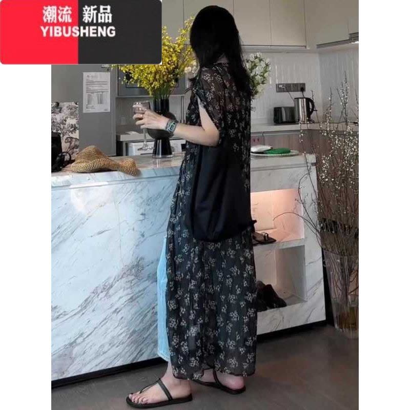 YIBUSHENG韩版复古中长款连衣裙女防晒宽松百搭开叉碎花裙季洋气别致上衣图片