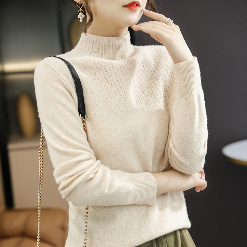 秋冬羊毛衫女半高领百搭镂空针织衫套头宽松黑色打底短款羊绒毛衣