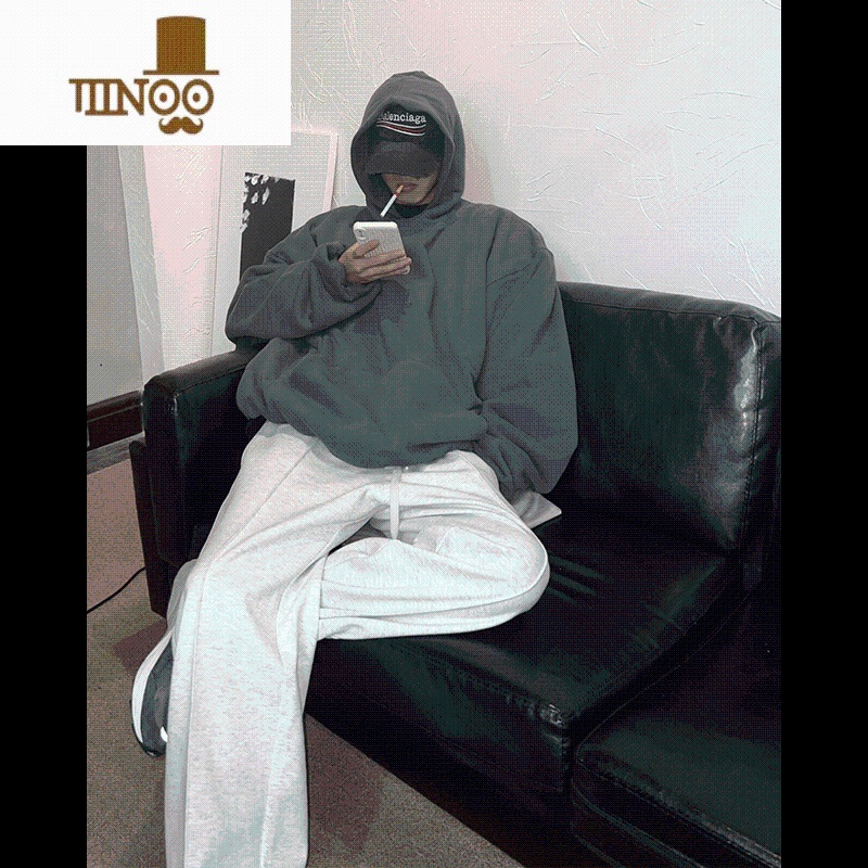 YANXU美式街头oversize基础纯色连帽卫衣男ins潮牌加绒加厚上衣高清大图