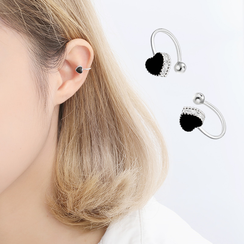一恋s925纯银耳夹无耳洞耳环女黑色滴胶爱心心形假耳钉u型耳扣无耳眼
