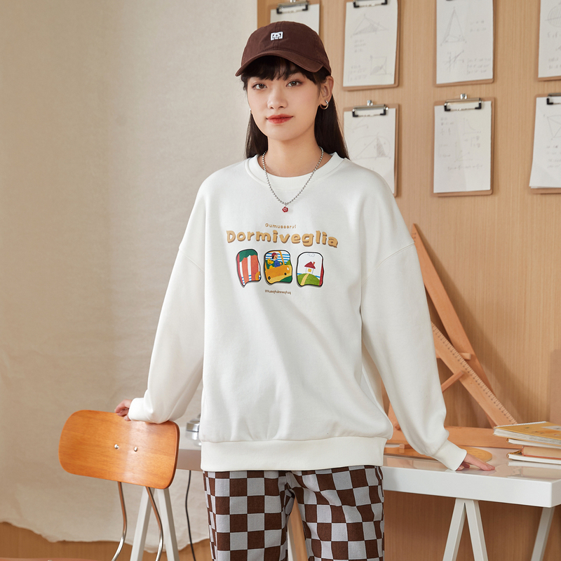 [1折价19元]唐狮秋季新款女卫衣圆领宽松设计感上衣可爱减龄小个子外套