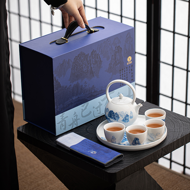 苏氏陶瓷(SUSHI CERAMICS)手绘釉画彩茶杯千里江山六色功夫茶杯节日伴手礼茶具手提礼盒套装