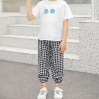 棉绸儿童防蚊裤小雏菊夏季薄款灯笼裤男童女童家居空调裤小孩睡裤 黑色格子 90建议身高80-90CM 可拆档