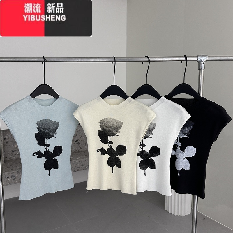 YIBUSHENG法式设计感玫瑰花冰丝针织短袖t恤女季修身短款小飞袖坎肩上衣