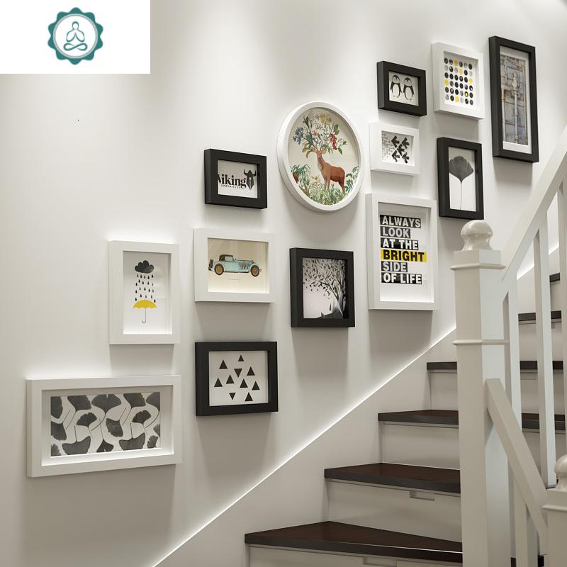 照片墙楼梯创意挂画现代轻奢实木相框挂墙组合相片楼道装饰免打孔封后