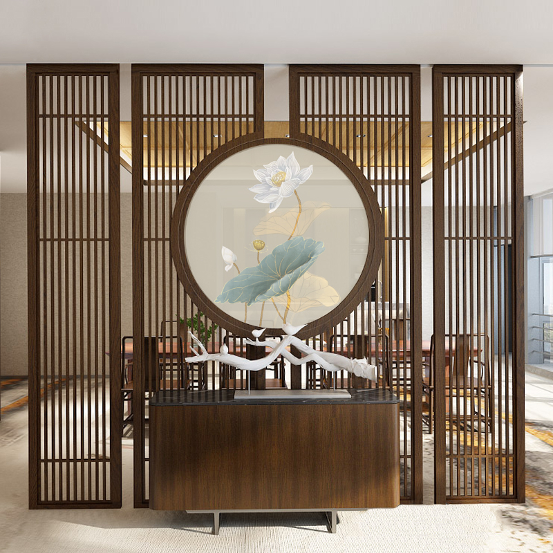 定制中式实木屏风隔断墙客厅入户玄关办公室酒店茶室落地栅栏座屏 240X120胡桃木高清大图