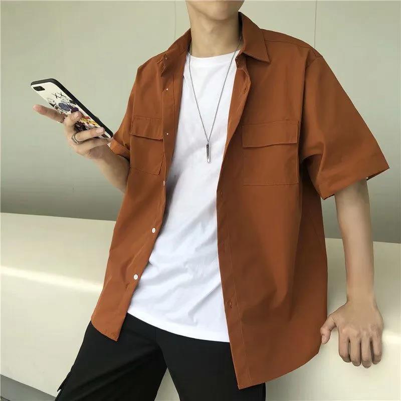港风ins衬衫男短袖韩版纯色工装衬衣潮流夏季薄款五分半袖日 莎丞