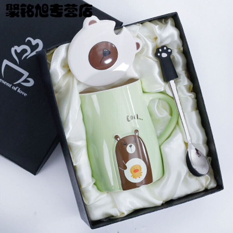 创意卡通杯子陶瓷杯咖啡牛奶杯情侣杯大容量水杯可爱马克杯带盖勺