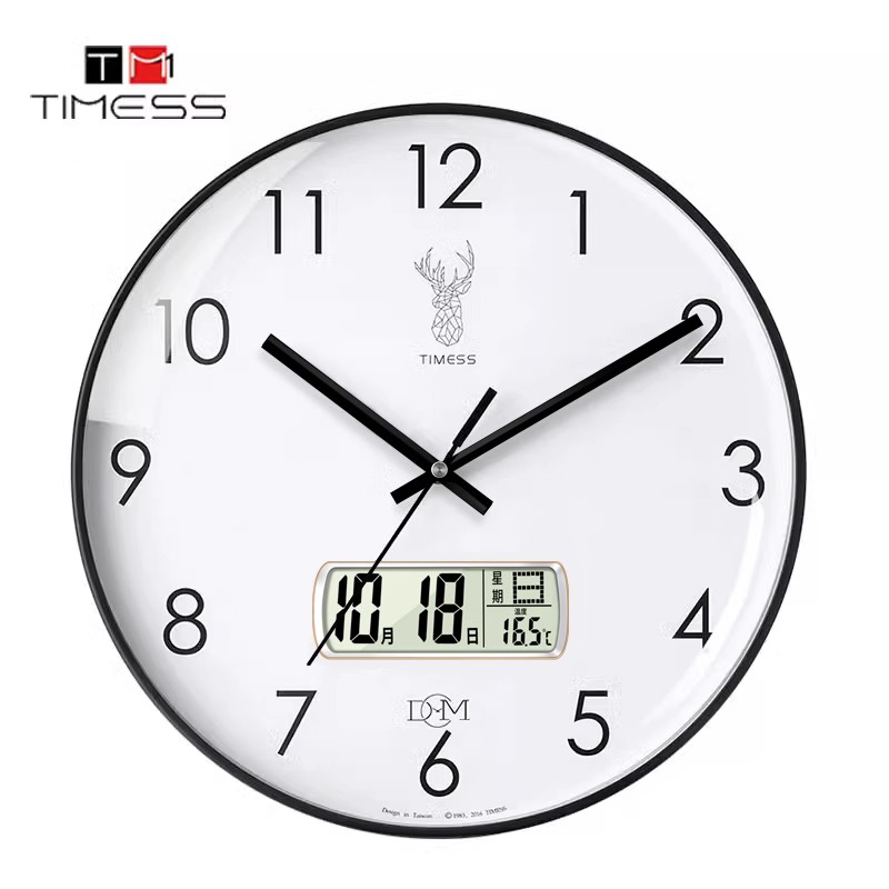 TIMESS钟表挂钟客厅家用时尚时钟挂墙现代简约万年历电子石英轻奢 北欧白【液晶款】 12英寸（直径30.5厘米）