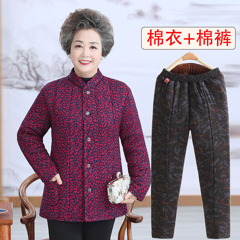 迪鲁奥(DILUAO)50岁60岁妈妈婆婆穿的棉服奶奶冬装棉衣女老年人秋冬居家内胆老太太厚棉服妈妈冬装小花棉袄 3号+棉裤 大号5XL(建议130-155)