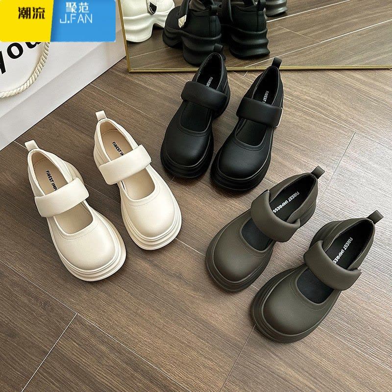 聚范婚鞋女2024年新款婚纱器厚底伴娘鞋粗跟搭扣玛丽珍小皮鞋不累脚图片