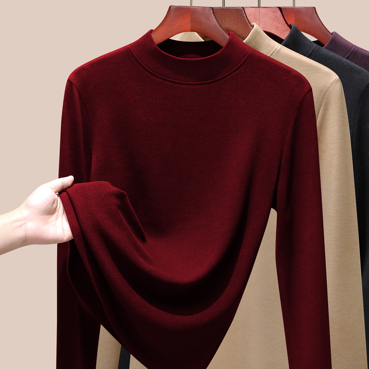半高领羊毛蚕丝保暖内衣女加厚加绒打底衫暖绒发热内搭上衣冬1688 安可拉红 M