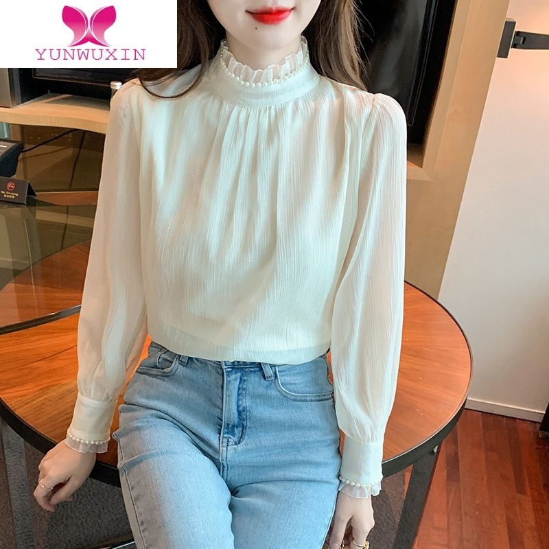YUNWUXIN法式立领雪纺衬衫女秋装新款20222洋气甜美蕾丝拼接打底上衣内搭