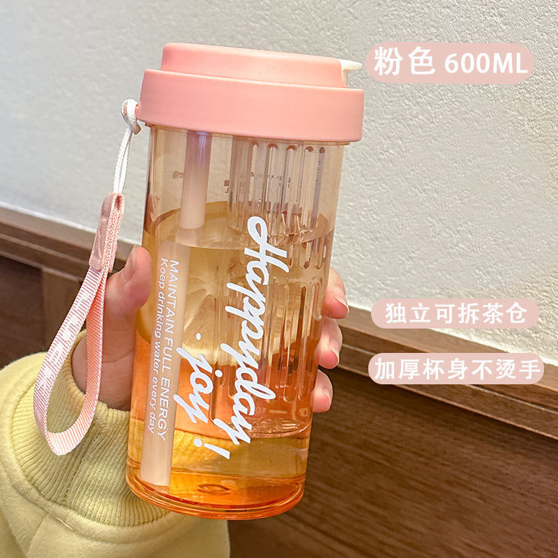 【补贴10%】夏天水杯女生高颜值2024新款带茶隔吸管杯夏日耐高温网红泡茶杯子 加厚抗菌-少女粉600ml+茶仓+提绳+吸管 均码