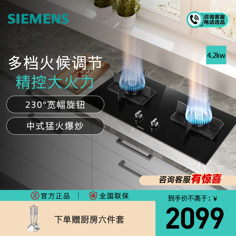 西门子（SIEMENS）嵌入式 黑色钢化玻璃面板大火力燃气灶 天然气双灶 家用 ER8MF233MP
