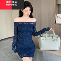 YIBUSHENG辣妹一字肩连衣裙女胖MM大码春季气质内搭修身显瘦长袖蕾丝包臀裙