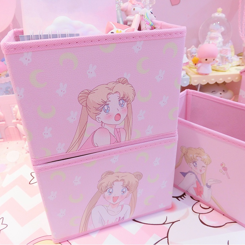 美帮汇粉嫩日系原宿美少女桌面收纳盒化妆品杂物收纳篮整理盒折叠盒高清大图