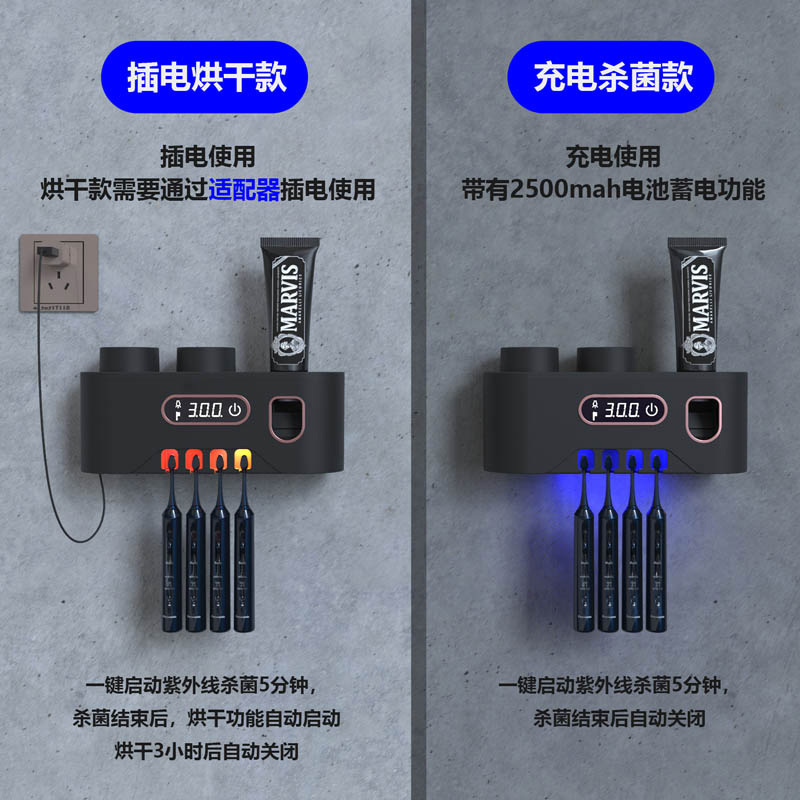 HTTEL飞利浦深紫外智能牙刷消毒器智能杀菌浴室置物架式免打孔收纳架牙刷杯架RE008-白色烘干款