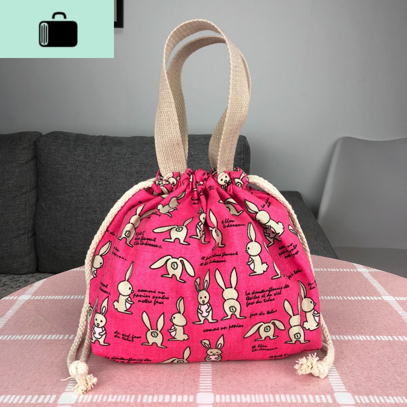 韩版百搭抽带帆布包女士小拎包饭盒包休闲便当袋水桶包手提零钱包NEW LAKE 浅灰色小兔子玫红