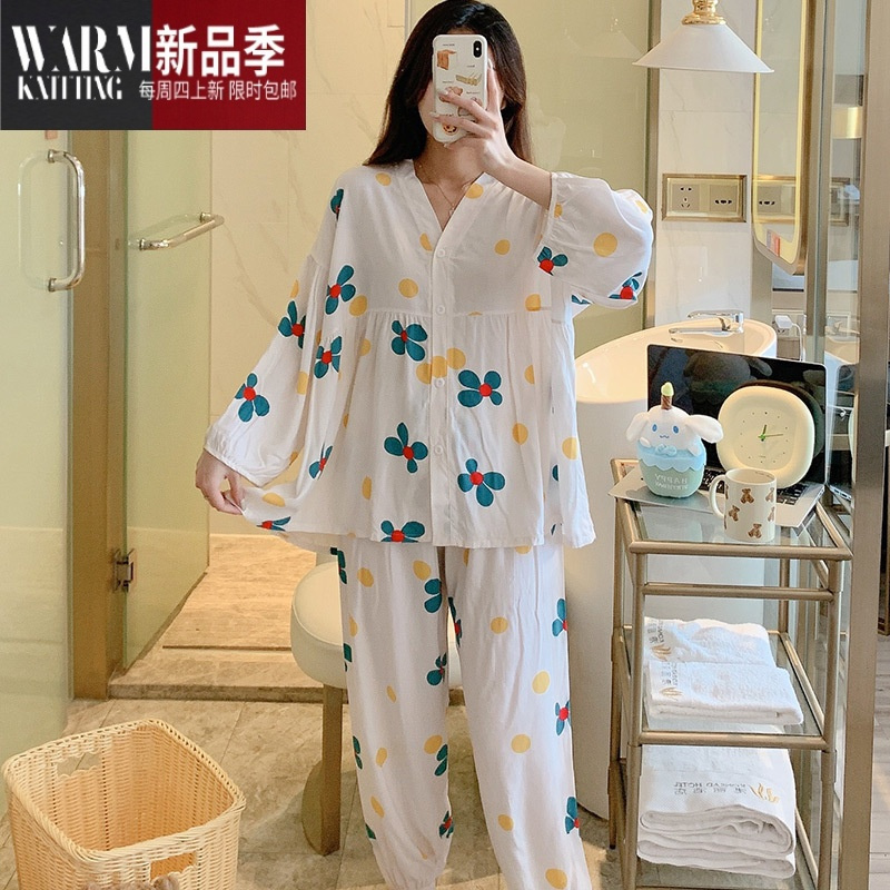 shanchao早秋新款棉绸睡衣女薄款人棉家居服甜美小香风学生绵绸套装